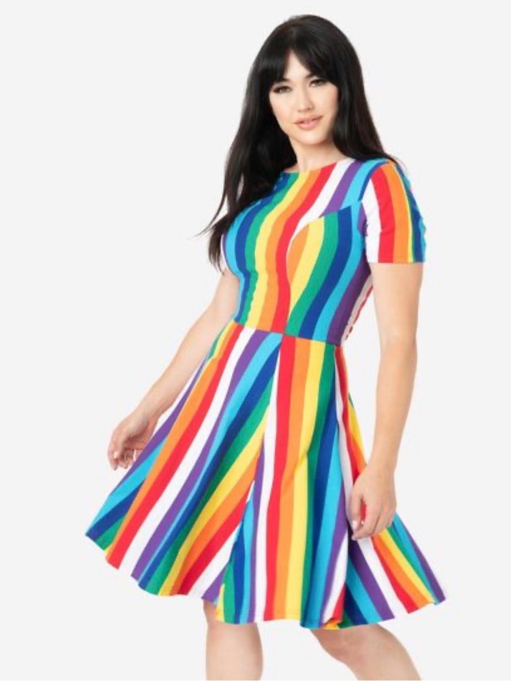 Unique Vintage Rainbow Stripe Fit & Flare Dress - Multicolor